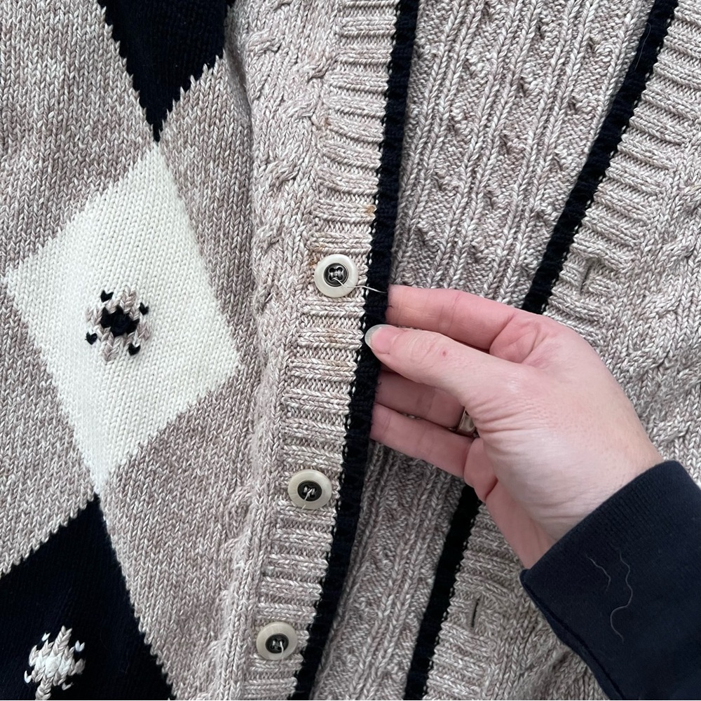 Vintage LizWear Cotton Knit Argyle Cardigan Sweater - Picture 3 of 7